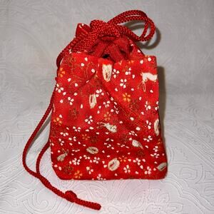 Japanese Drawstring Bento Kinchaku Bag Chirimen Crepe Fabric Red Sakura Rabbit